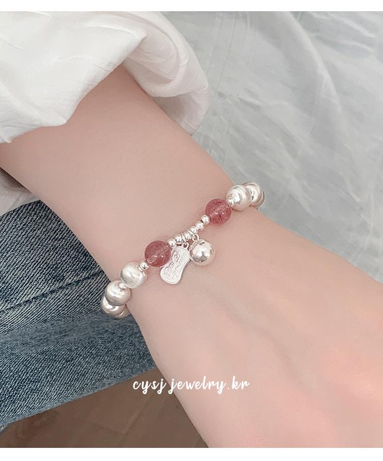 Strawberry Crystal Cat's Eye Bead Silver Bracelet - Korean Style Women's Fortune Charm.
