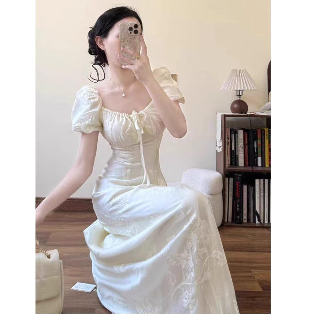 French first love pure square neck dress children's summer 2026 new waist temperament bubble sleeves fairy long dress