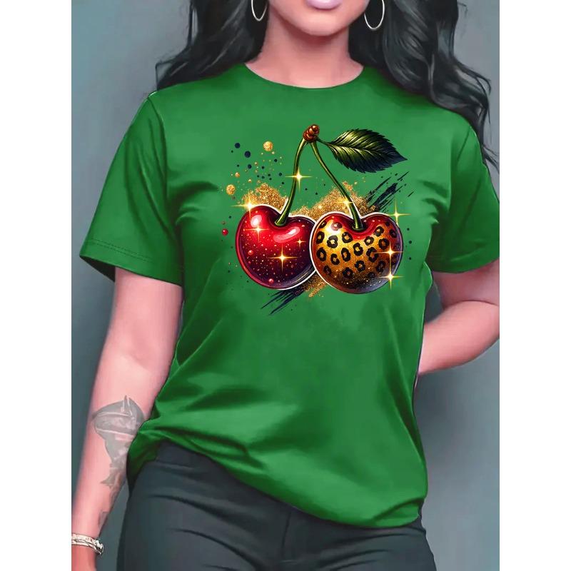 Summer  Round Neck Top Fashion Casual Loose Apple Print Simple Versatile T-Shirt Women Clothes