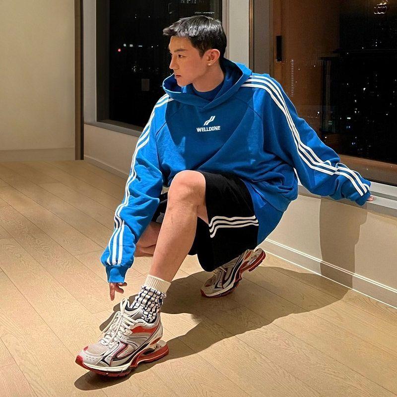 

We11done Track Three Bars Special-Interest Fashion Brand American Fall and Winter Fleece-lined Men Couple Hooded Sweater Well Three Stripes Hoodie Blue L