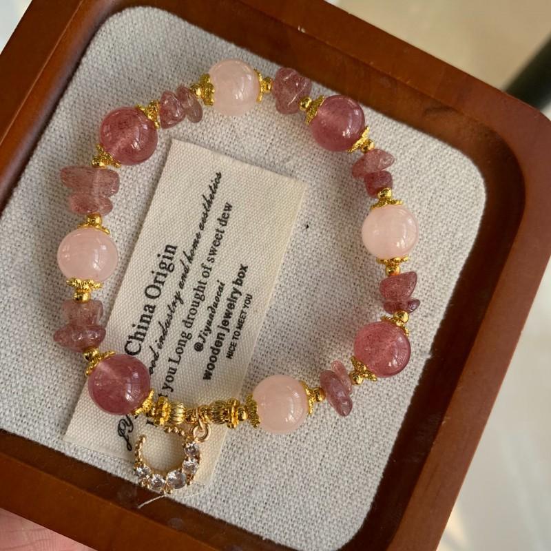 Natural Crystal Beaded Bracelet With Strawberry Quartz Pink Moon Charm Boho Chic Womens Jewelry 10mm Strawberry Quartz, Rose Quartz Style