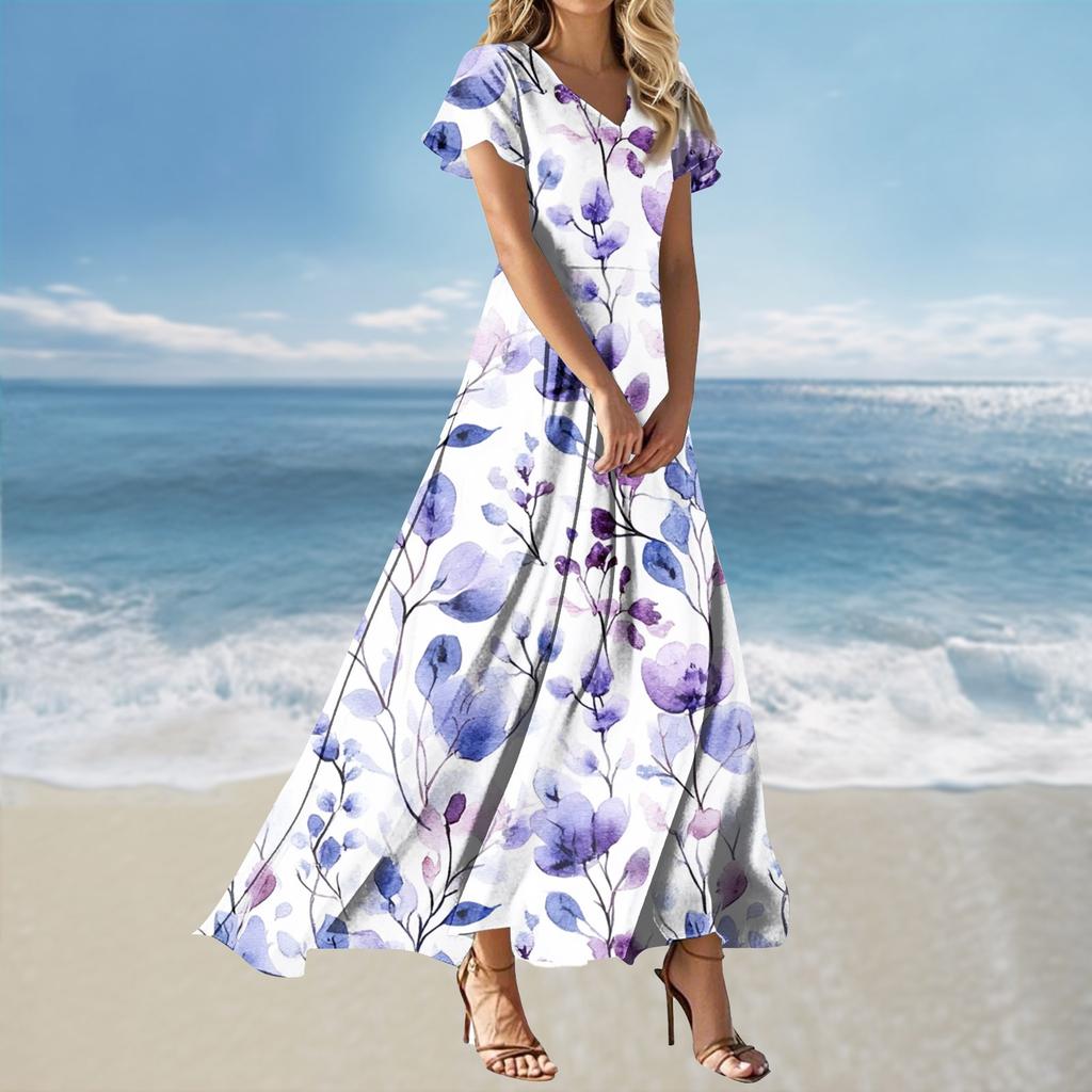 Women's Loose Casual V-Neck Short Sleeved High Waisted Print Dress