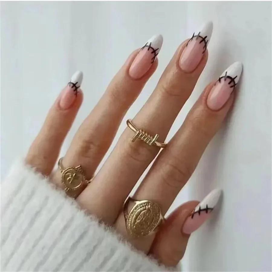 24Pcs Almond Long French Fake Nails Pointed Glossy White Edge Artificial Acrylic Press On Nails Removable Nail Art Tips