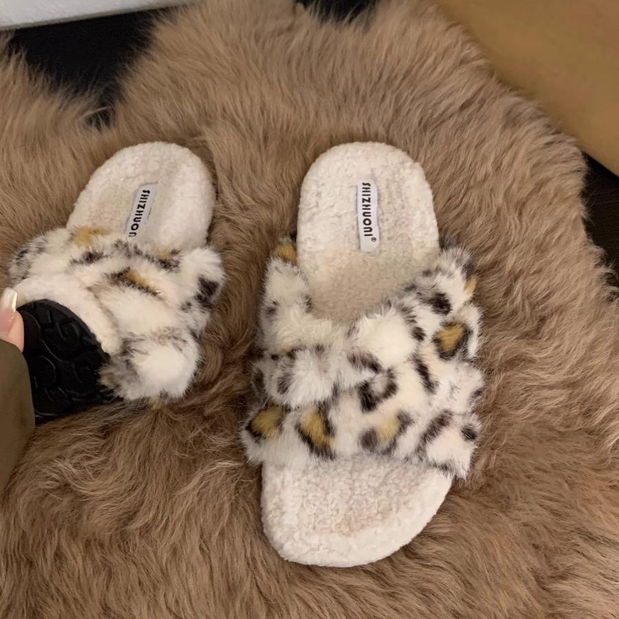 Platform leopard print fluffy shoes women's shoes wear 2025 new autumn and winter cotton slippers lamb wool fashion cotton shoes