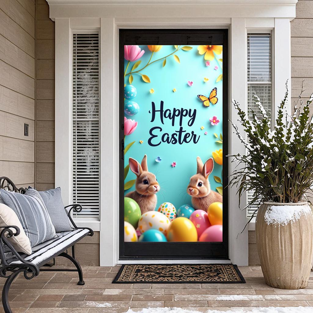 Easter Outdoor Garden Decoration 2025 Bunny Door Cover Easter Party Supplies Background Easter Eggs Banner Photography Props