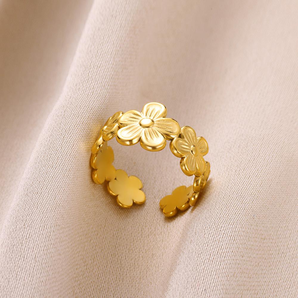 Stainless Steel Hollow Flower Open Rings For Women Stainless Steel Gold Color Wedding Ring Couple Aesthetic Jewelry Party Gift