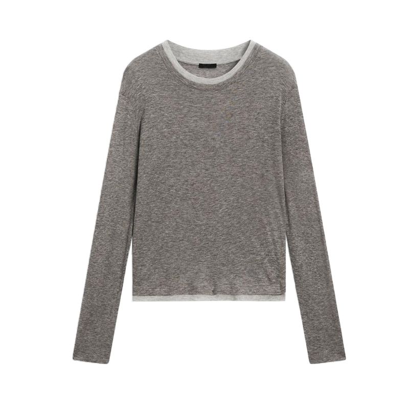 MD Spring New Arrival Women's Clothing Casual Style Inner Wear Lightweight Fake Two-Piece Round Neck Long Sleeves T-shirt Bottoming Shirt 6286580