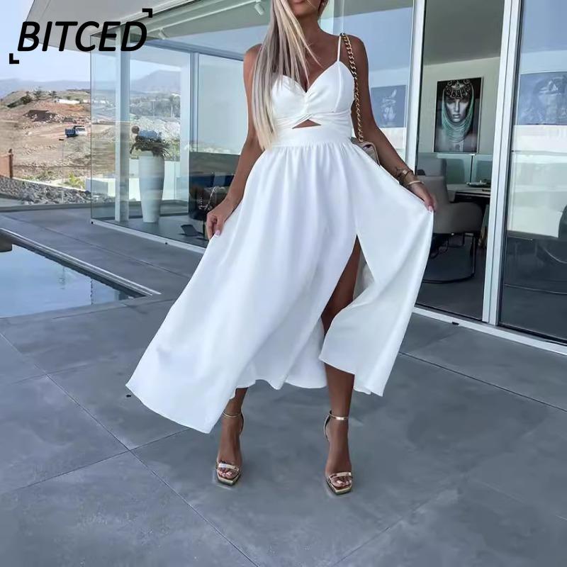 BITCED Women's Fashion Summer Spring Solid Color Print V-Neck Sleeveless Casual Dresses