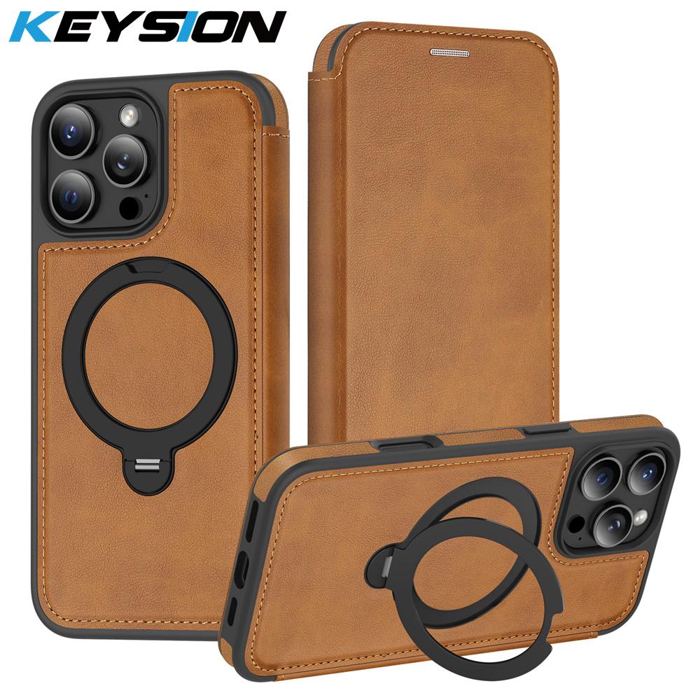 KEYSION PU Leather Flip Wallet Case for iPhone 11 12 13 14 Pro Max 14 Plus Cards Slots Magnetic 360 Ring Stand Phone Back Cover