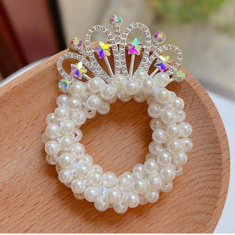Pearl Crown High Ponytail Hair Ring for Girls - Cute Elastic Headband Accessory for Children