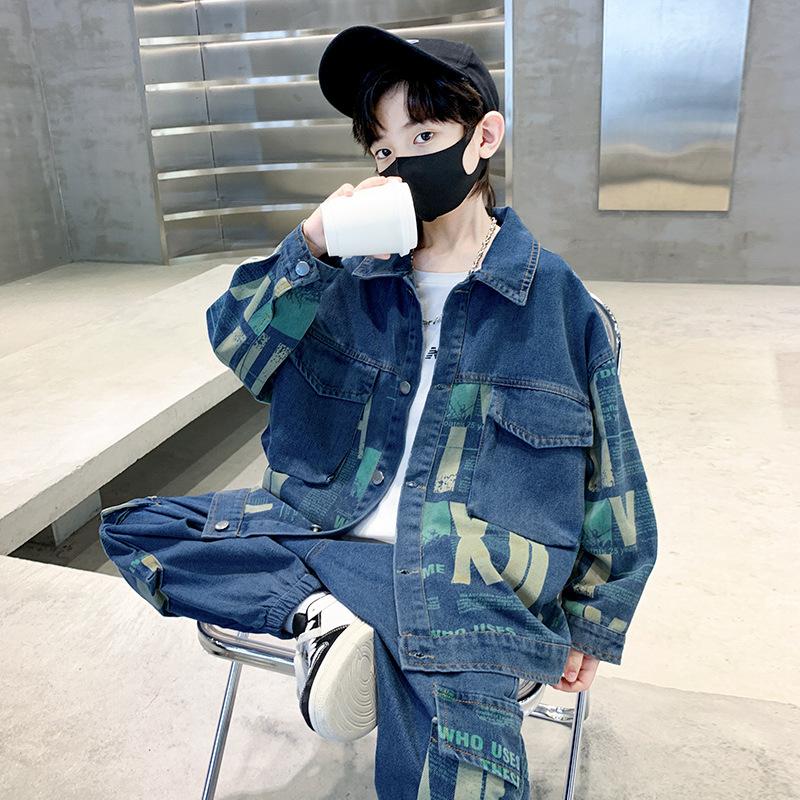 

Осенний комплект одежды для мальчиков, джинсовый костюм для мальчиков, детские брюки, модная одежда для мальчиков, комплект из двух предметов, детская одежда 150 синий