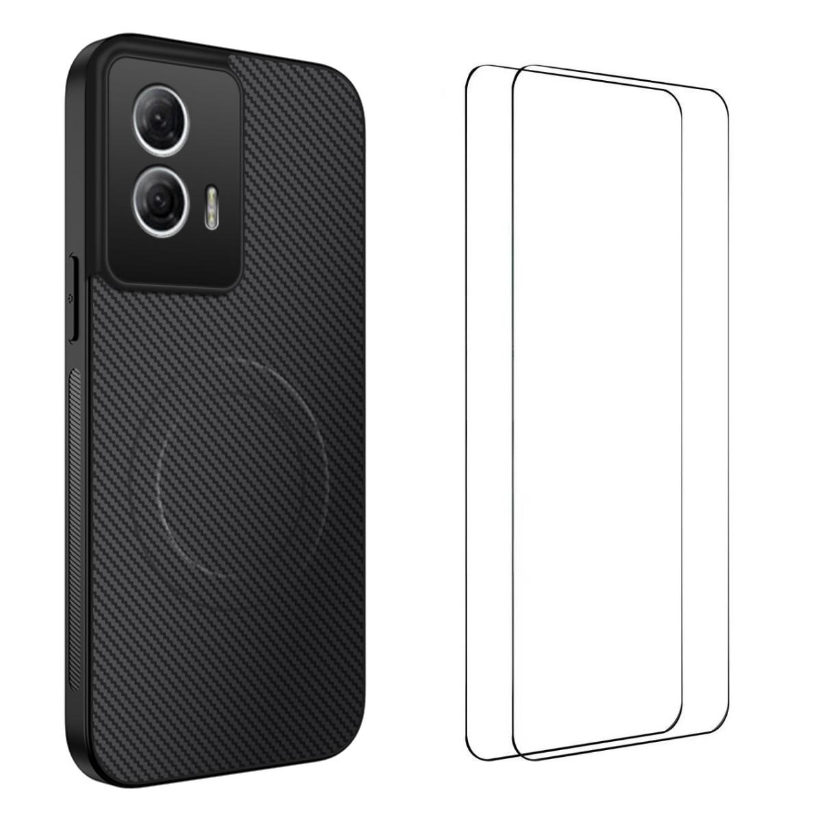 

For Motorola Moto G85 5G Magnetic Case WANLONFENG TQ1 Series Carbon Fiber Texture PC TPU Phone Cover with 2Pcs Screen Films Black