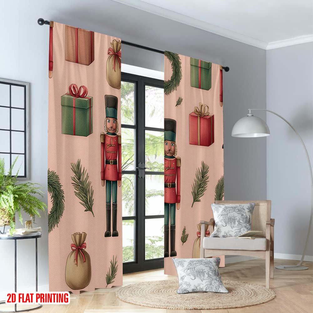 2pcs 2D flat printing Christmas Curtains Christmas Nutcracker Gift Wreath Digital Printed Polyester Drapes Family Party Use for