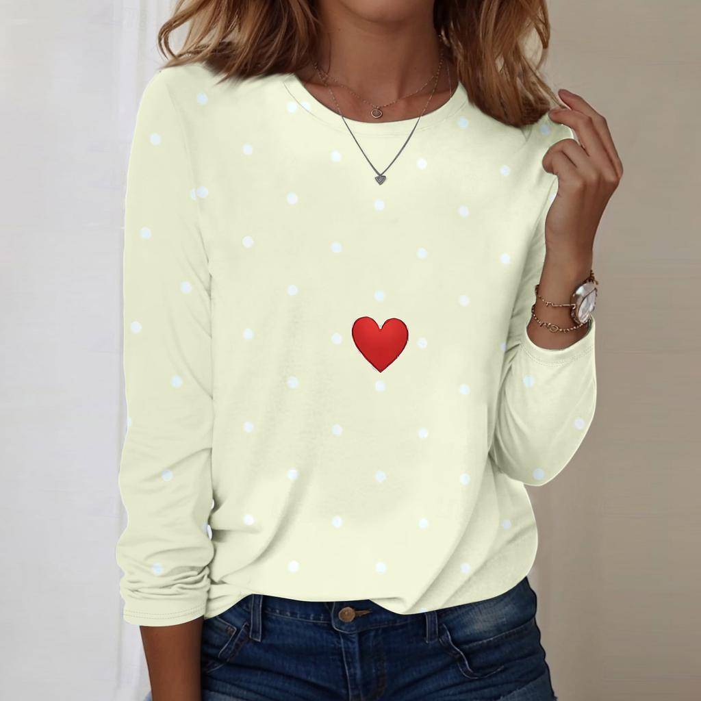 Damski casualowy top z długim rękawem, z nadrukiem walentynkowym, z okrągłym dekoltem
