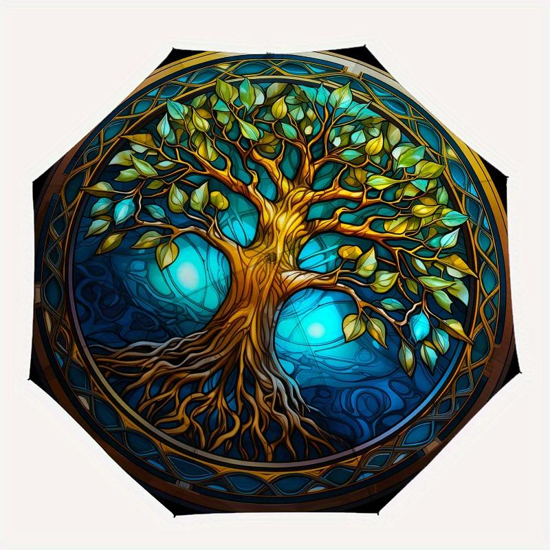 Stained Tree of Life Wall Art DecorUmbrella, Portable 3-Fold Compact Umbrella for Men & Women Gift