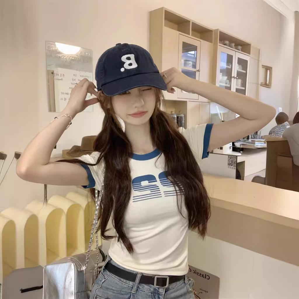Women's Crew Neck Short Sleeve Letter Graphic Tee Slim Fit Retro American Contrast Trim Cropped T Shirt Y2K Summer Casual Top