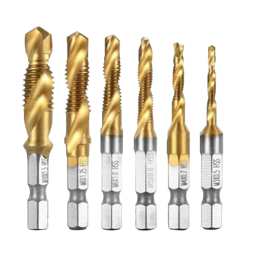 6PCS Hex Shank Tap Drill Bit Set High Speed Steel Spiral Threading Tapping Chamfering Bits