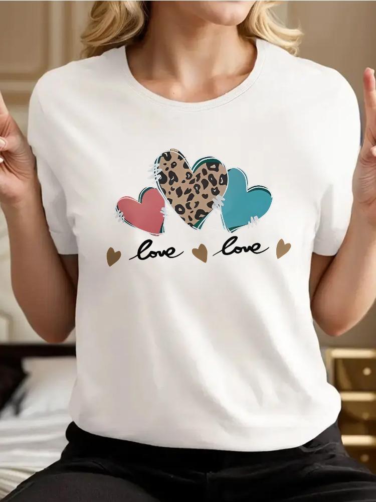 Damen Y2K Liebe Muster T-Shirt Rundhals Kurzarm Top Leopardenmuster und Polka Dot Design Vier Jahreszeiten Tägliches Lässiges Hemd