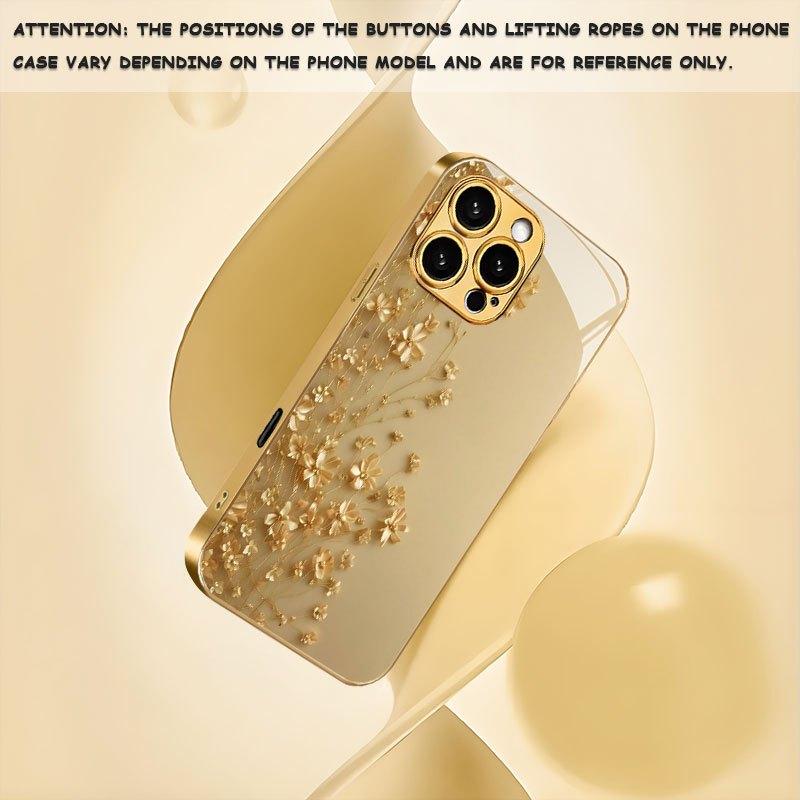 Newly designed gold branch flower pattern electroplated glass phone case, suitable for iPhone 17/16/15/14/13/12/11, etc.