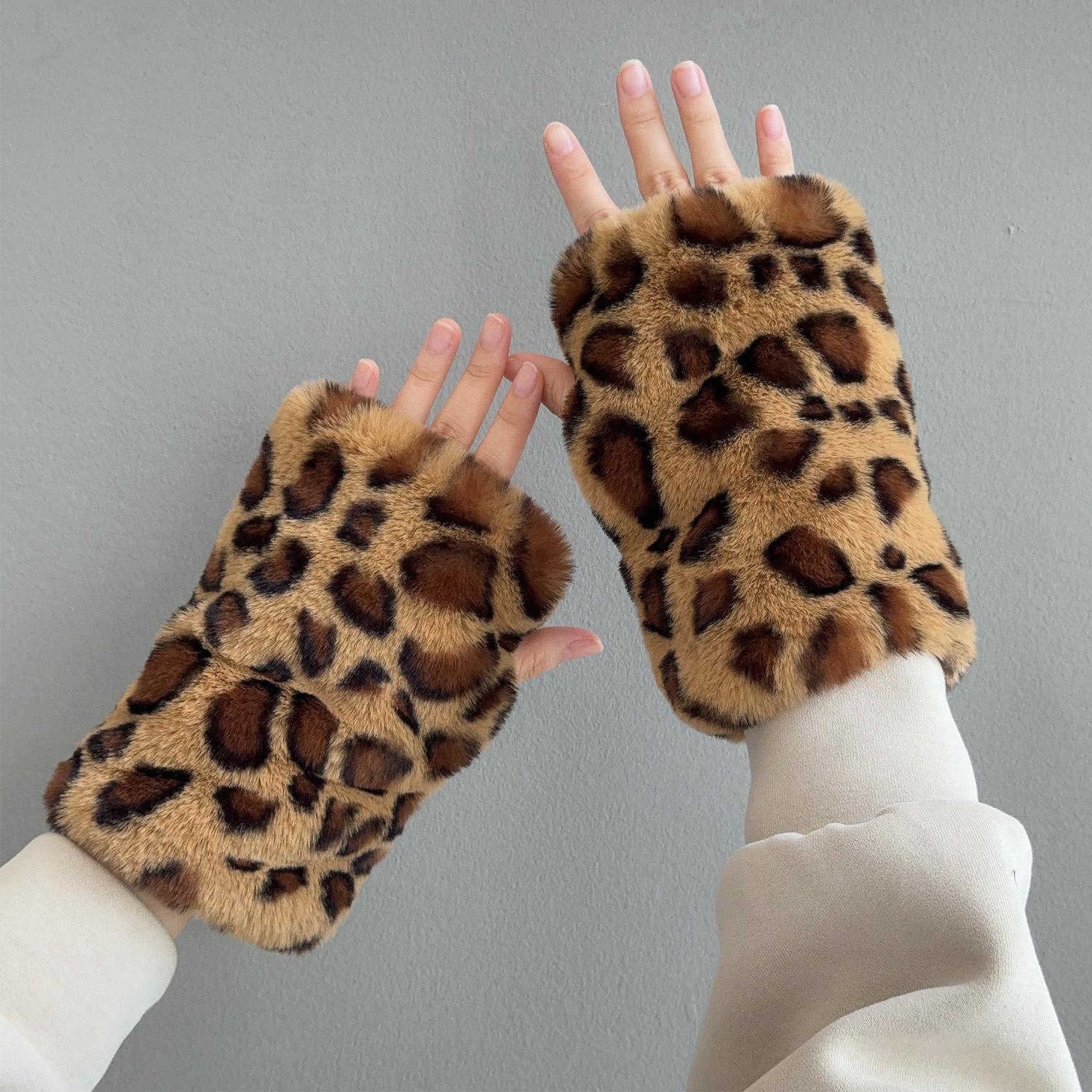 

Y2K Faux Fur Leopard Print Gloves Soft Warm Stylish Gloves for Women Spicy Girls Winter Plush Outings Street Fashion Mittens цветной печати леопарда
