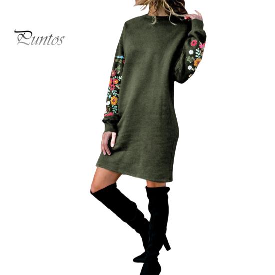 Frühlingskleid, Minikleid mit Blumenstickerei, langärmelig, Rundhalsausschnitt, lockeres Sweatshirtkleid für Verabredungen, Pendeln, Reisen