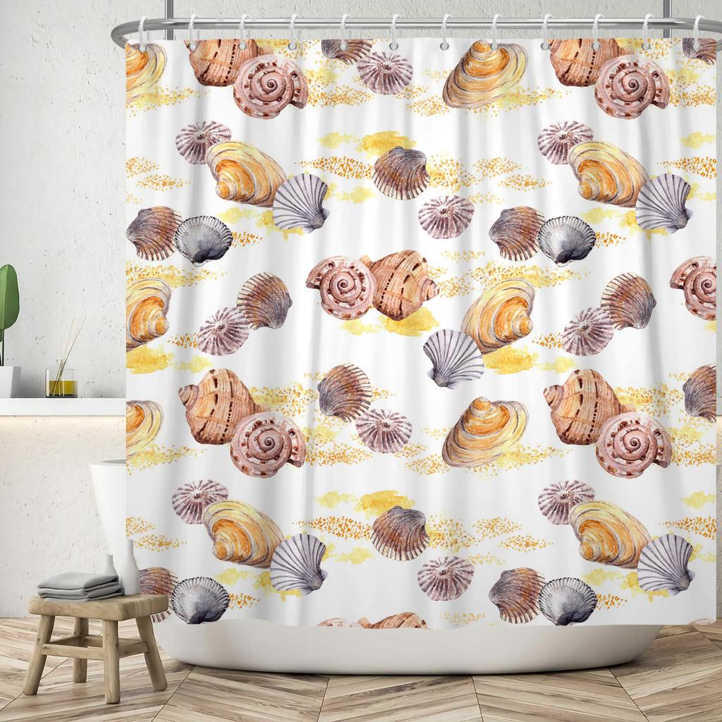 Nautical Theme Shower Curtain With Hooks Sailboat Anchor Seashells Starfish Waves Watercolour Art Modern Bathroom Curtain Decor