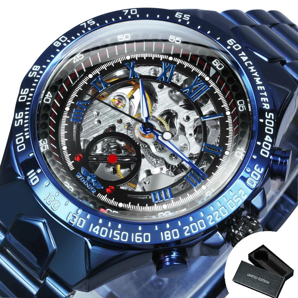 WINNER Gold Transparent Skeleton Automatic Watch for Men Luminous Pointers Luxury Brand Stainless Steel Strap Mechanical Watches