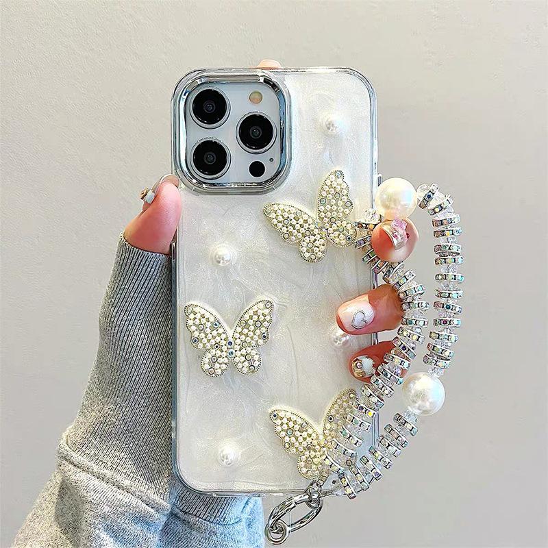 3D Pearl Butterfly Phone Case with Epoxy Drop-Proof Bracelet for iPhone 16 Pro Max, Apple Female Model 14.