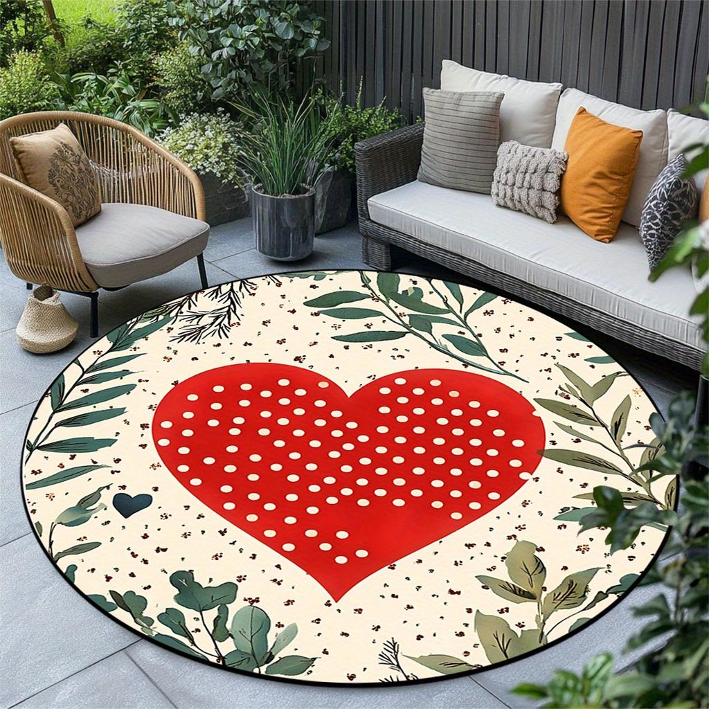 1pc Valentine's Day Heart Shaped Round Rug - with Greenery and Floral Pattern for Bedroom Living Room