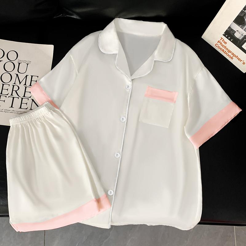 Solid Color Short-Sleeved Ice Silk Pajamas Women'S Summer Cool Casual Loose Silk Loungewear Set