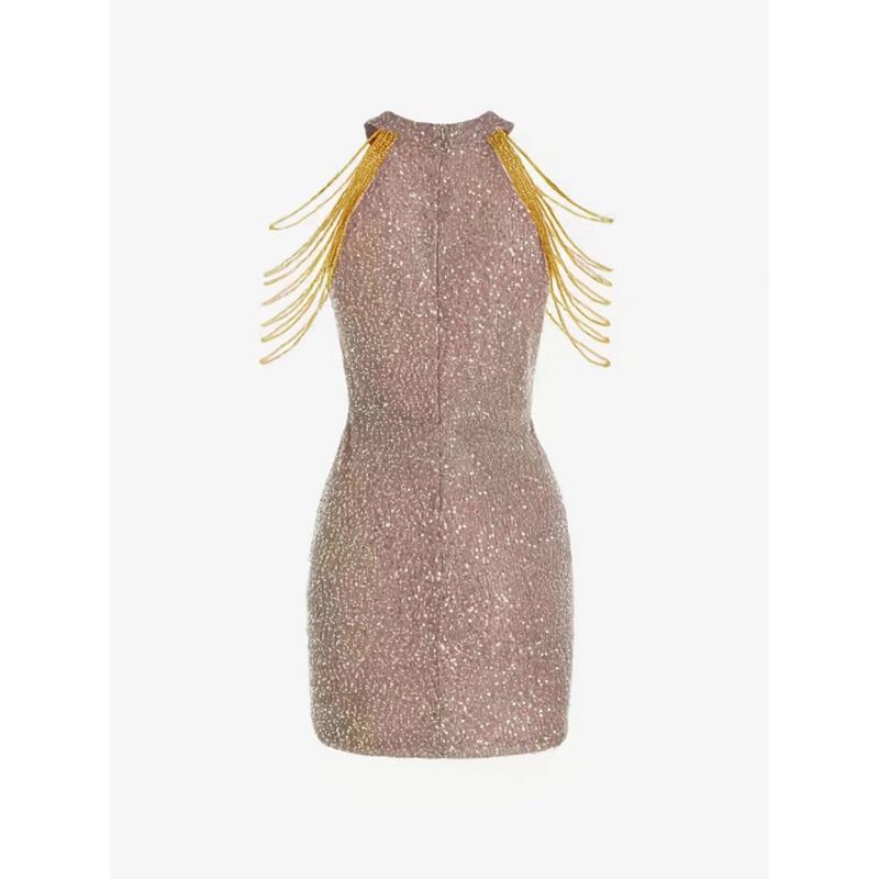Spring and Summer Women's Dress Fashion Hanging Neck Sexy Crystal Tassel Hip Sequins Dress Midi Evening Gowns