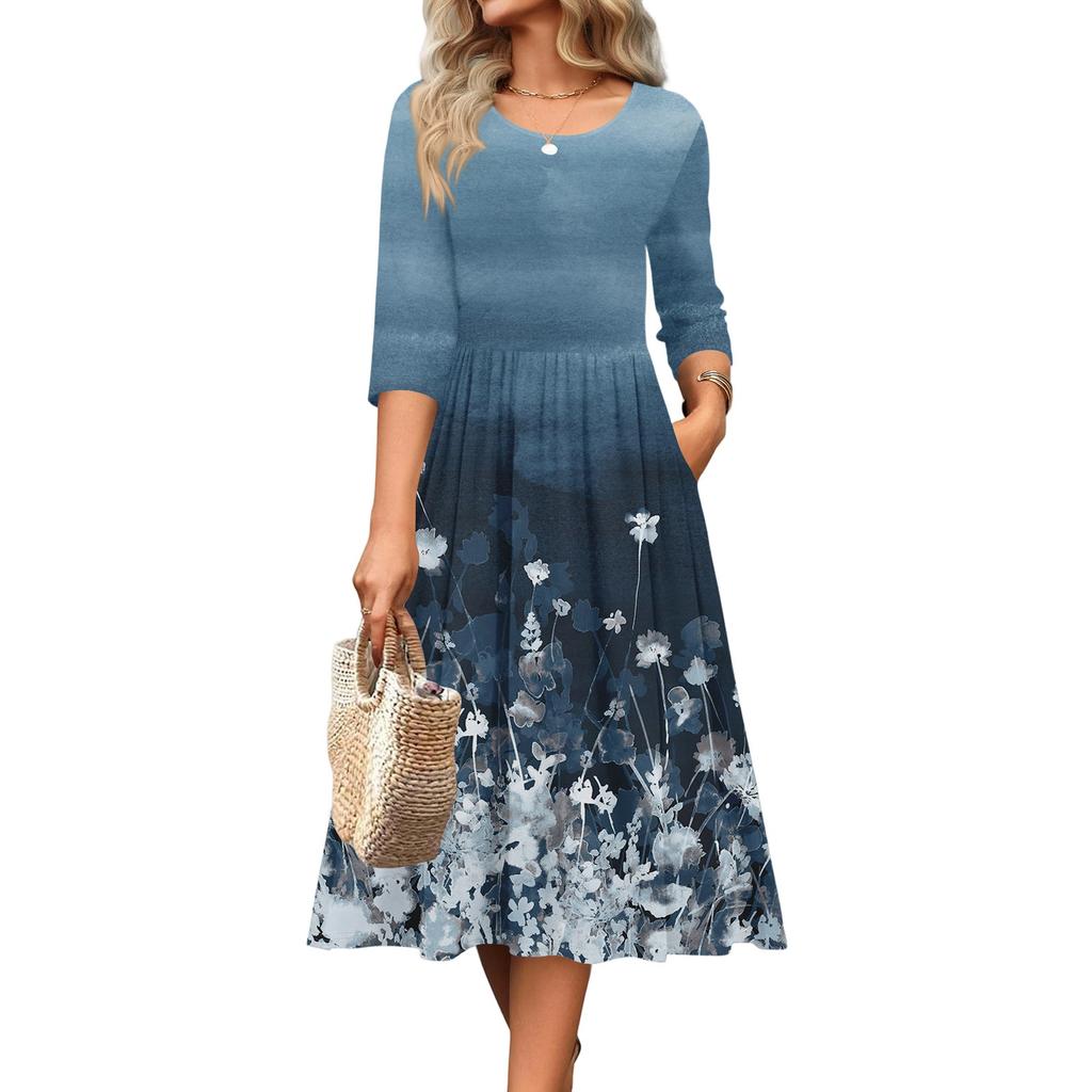 3/4-Ärmel Damenkleid Lässig Fließend A-Linie Midi T-Shirt Kleider mit Taschen Rundhalsausschnitt Urlaub Boho Strand Sommerkleid