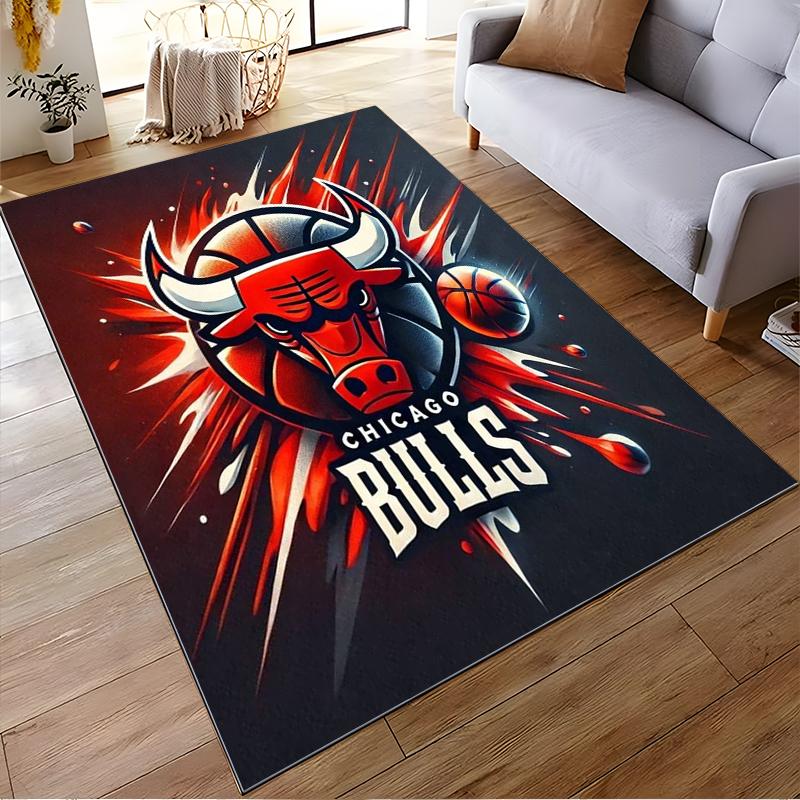 Chicago Bulls Logo mit feurigem Basketball-Thema Rutschfester Teppich geeignet für Wohnzimmer- und Schlafzimmer-Sofas