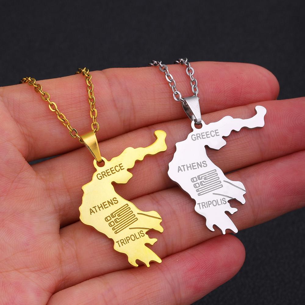 Greece Map Flag Pendant Necklace Stainless Steel Gold Silver Color Hellenic Republic Men Women Map Jewelry Patriotic Gift