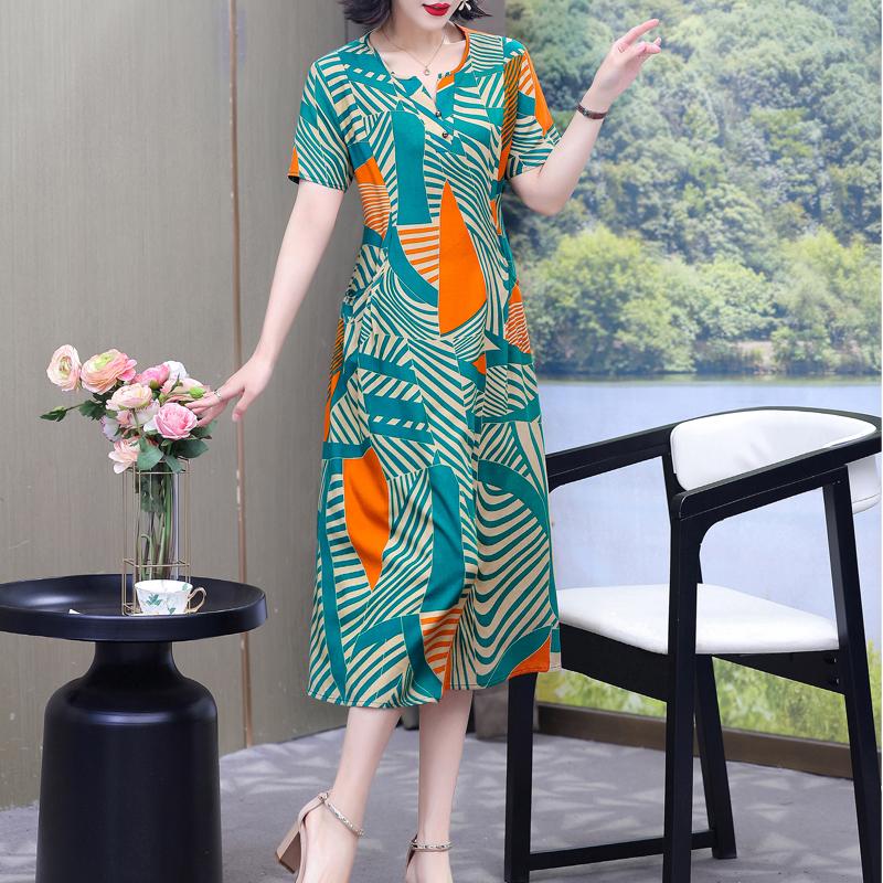 Elegante Damen-Sommerkleider Übergröße Lässig Print Kurzarm Langkleid