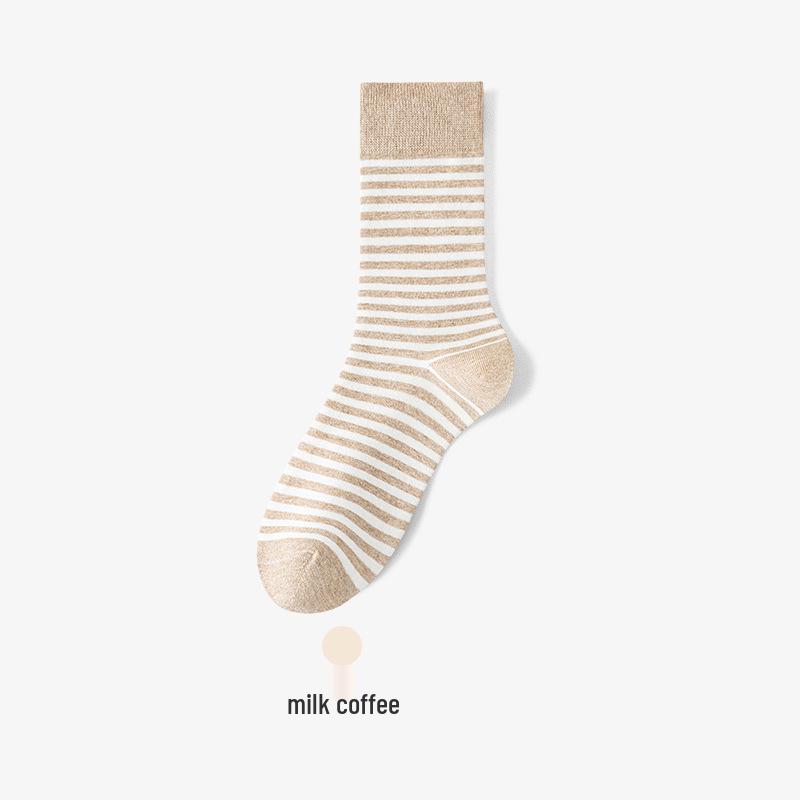 Women's Japanese Classic Striped Mid-Calf Socks, Anti-Pilling Cotton, Odor-Resistant, Autumn/Winter Style, Retro Student Trendy.