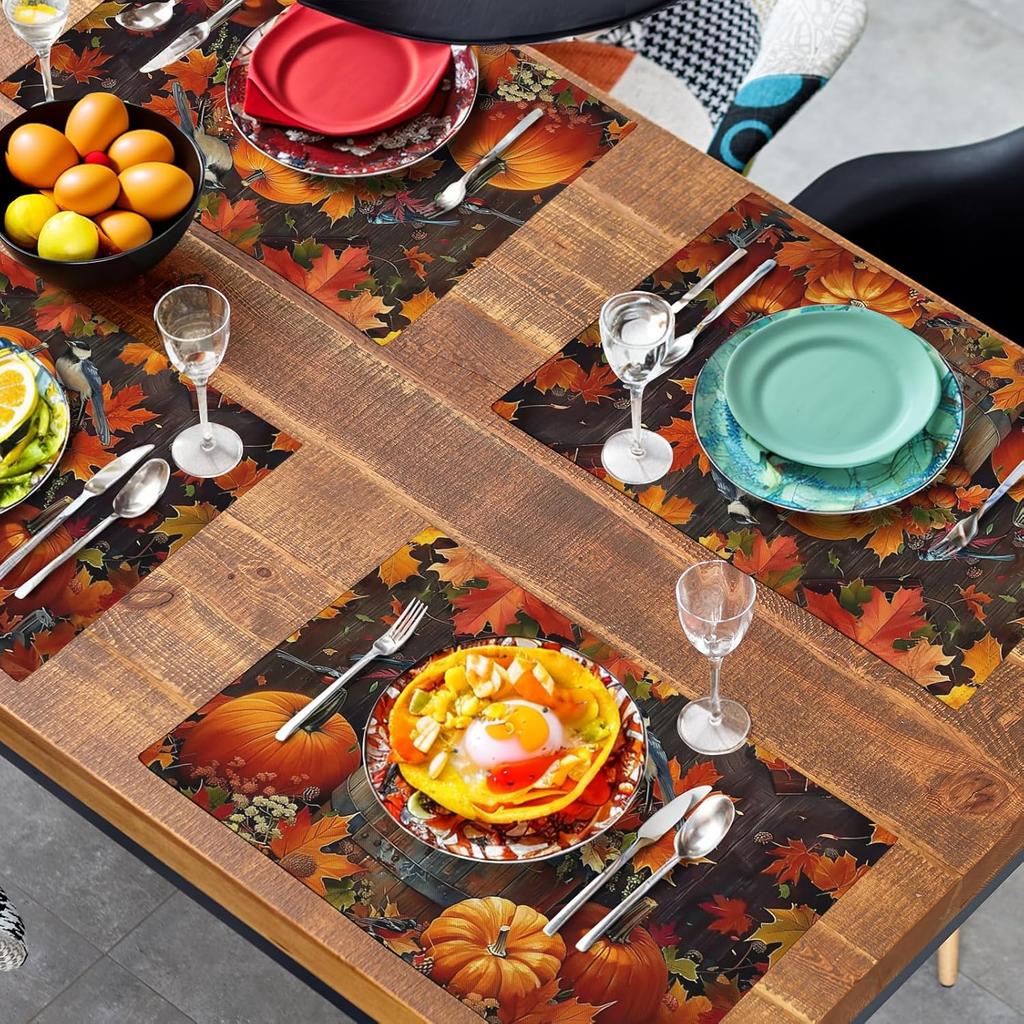 Pumpkin Maple Leaf Bird Fall Placemats Set of 4 Autumn Thanksgiving Seasonal Holiday Harvest Linen Table Mats Orange Brown Washable Place Mats for