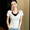 Korean Spice Girl Fake Two-piece Polka Dot Neck Short Sleeve T-Shirt Women's Summer Beauty Slim Skinny Kink Shoulder Top