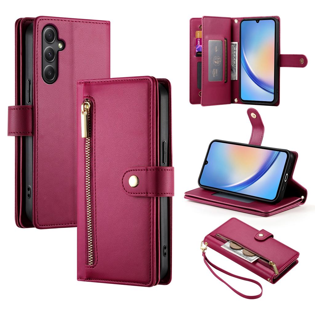 DF-011 For Samsung Galaxy A34 5G Case Card Slots Zipper Leather Cover Crossbody Phone Bag