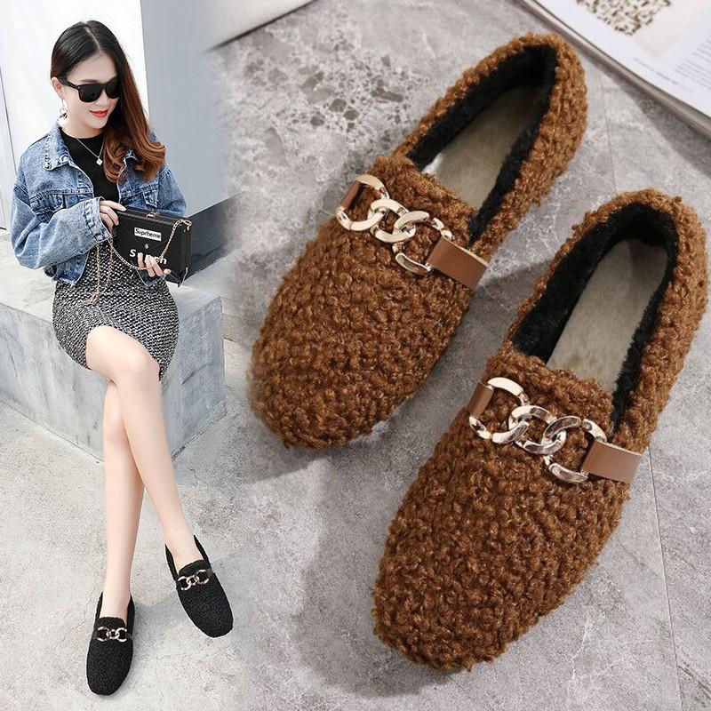 

Осенне-зимние хлопковые туфли большого размера женские низкие из искусственной шерсти повседневные замшевые пушистые туфли на низком каблуке с утолщенной подошвой для зимы 43 коричневый
