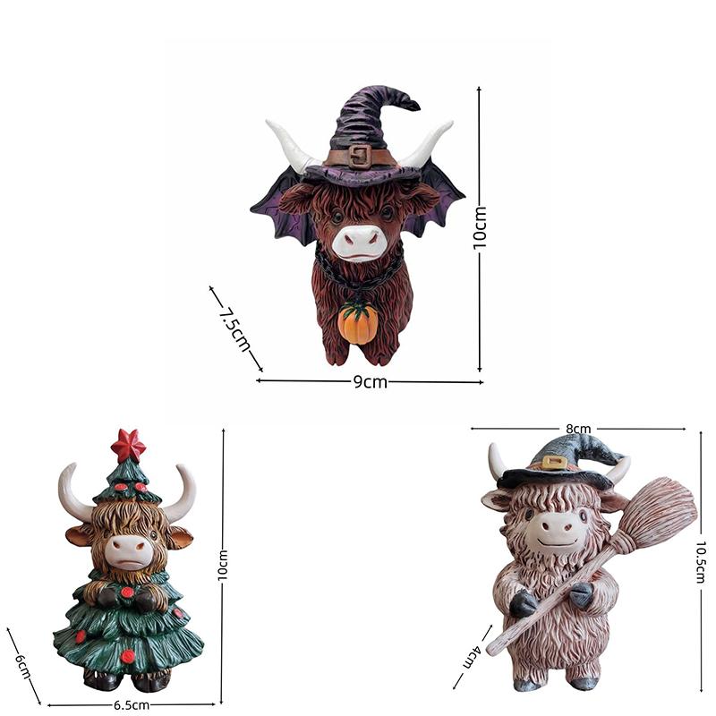 Resin Highland Cow Figurine Halloween Christmas Highland Cattle Cat Statue Animal Sculpture Holiday Party Decoration Ornament
