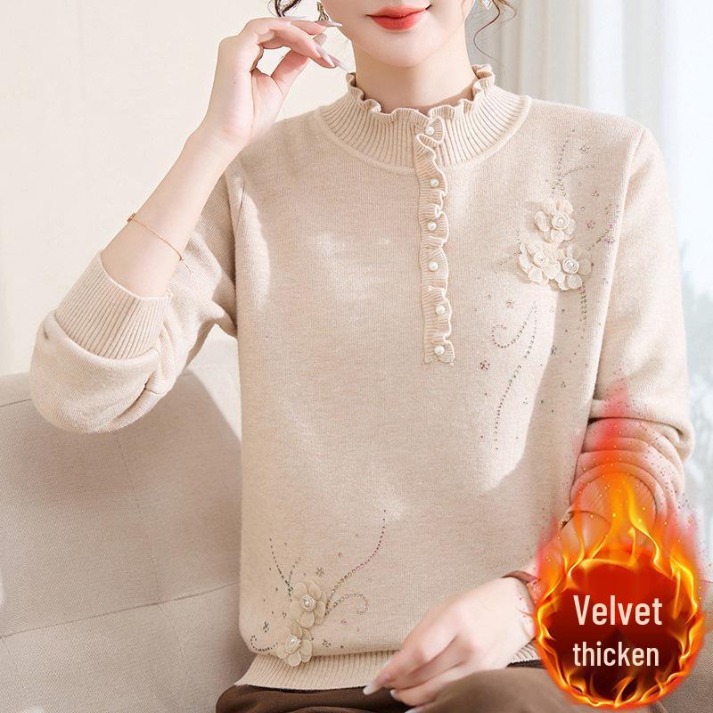 Women's Fleece Knit Top: Wood Ear Collar, Plus Velvet Warm Base Layer, Winter Inner Wear, Middle-Aged Mom's Sweater