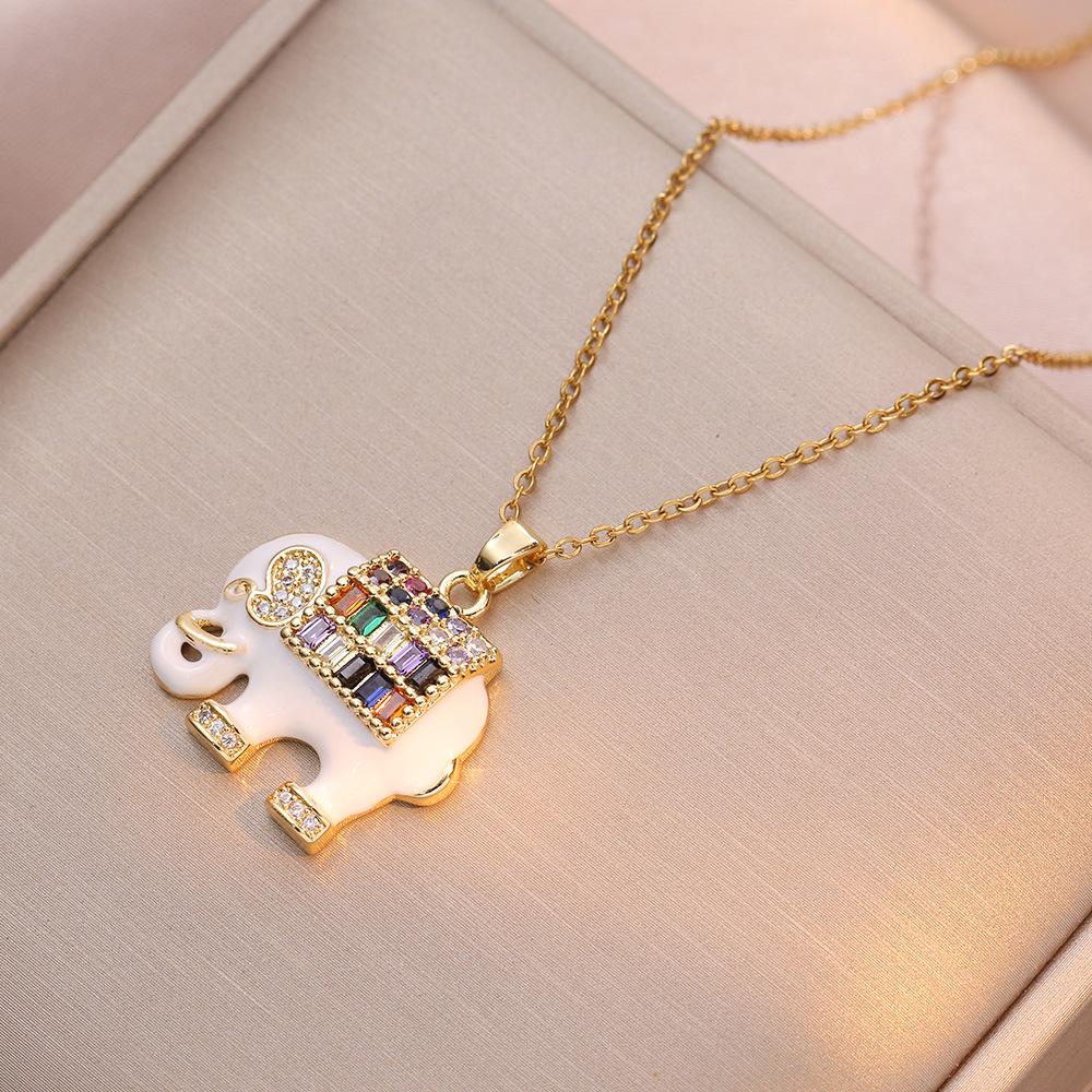 

Women s Colorful Zircon Little Elephant Pendant Necklace, Trendy Titanium Steel Design