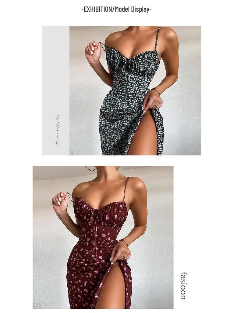 European & American Sexy Print Lace-Up Slit Sling Dress for Women