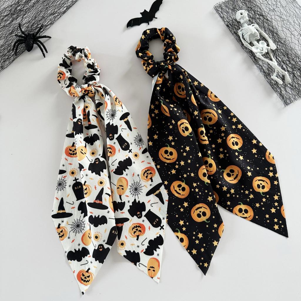 Halloween Hair Tie,  Women's Pumpkin Bat Print Headband, Elastic Hairband, Halloween Party Hair Accessory