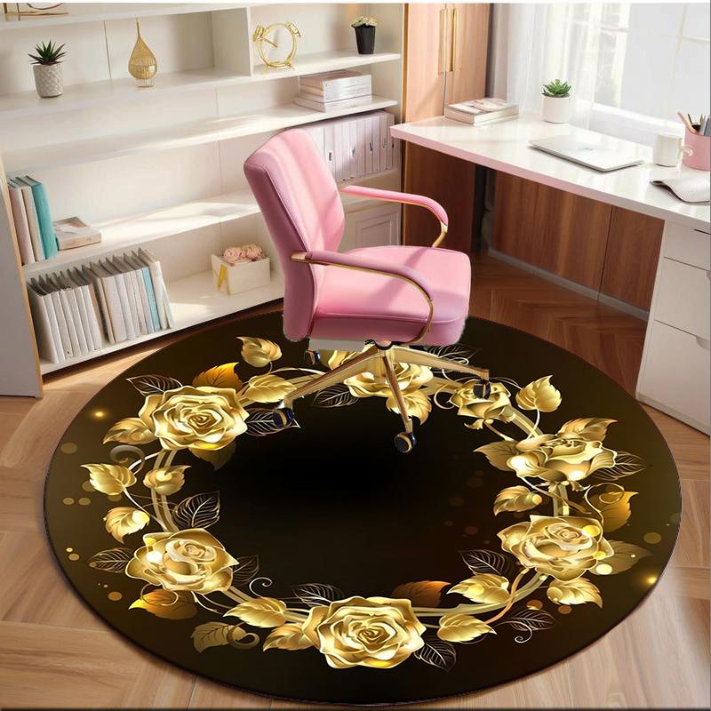 Golden Rose Wreath Design round carpet Chair cushion Round Entryway Rug, Soft Round Rugs for Living Room, Bedroom, Circle Carpet decor gifts