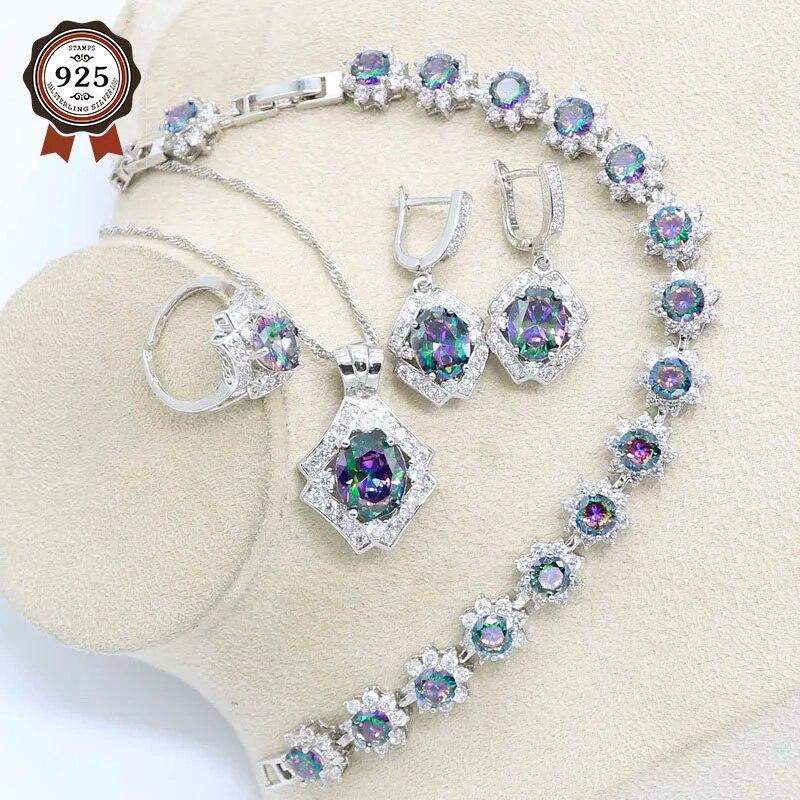 

Свадебный комплект ювелирных изделий серебряного цвета с разноцветными радужными цирконами для женщин, браслет, серьги, ожерелье, кулон, открытое кольцо, подарочная коробка