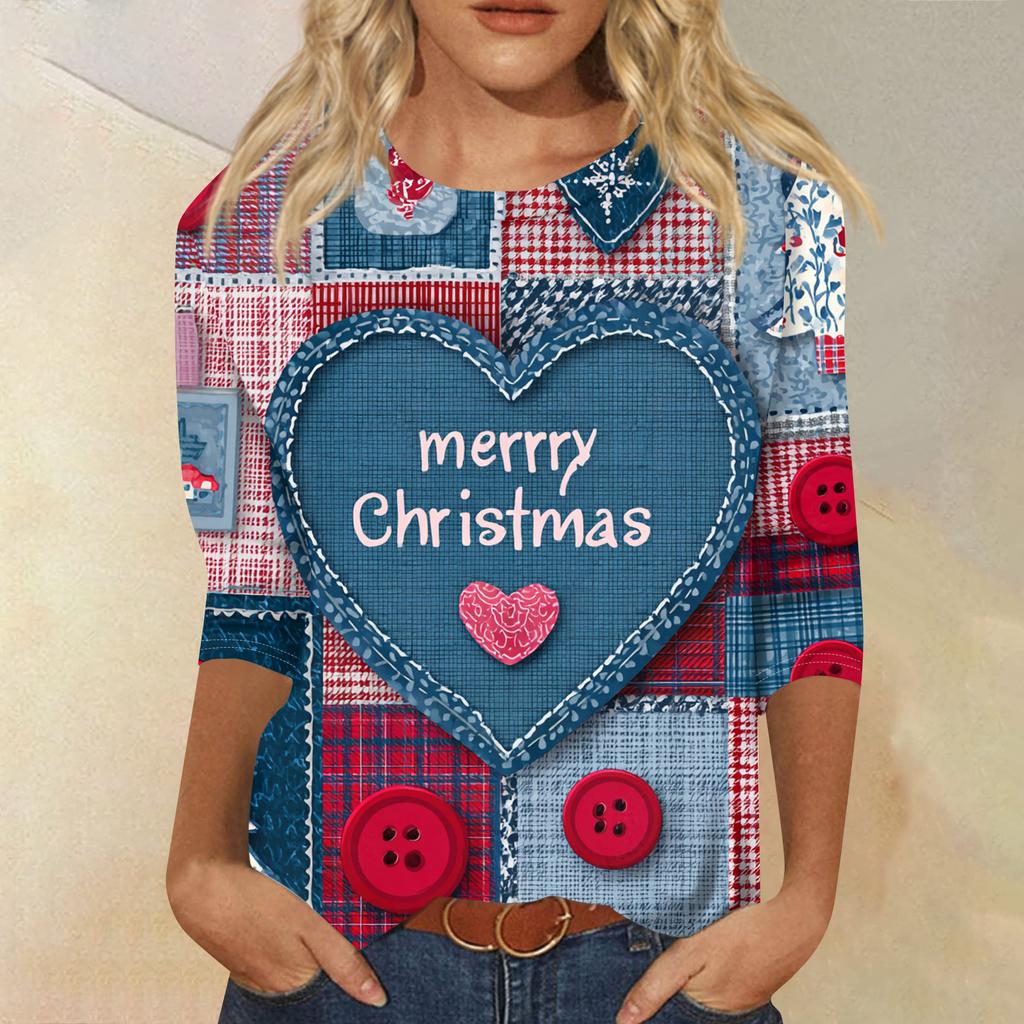 Women's Fashion Casual Round Neck Three-quarter Sleeve Christmas Print T-shirt Top