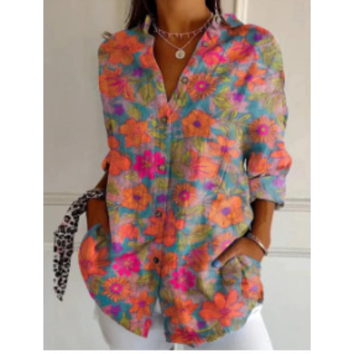 

Жіноча, Повсякденна, З довгим рукавом, Сорочка на ґудзиках, Квітковий принт, Можна прати в машині, Повсякденний, Вільний крій 5XL