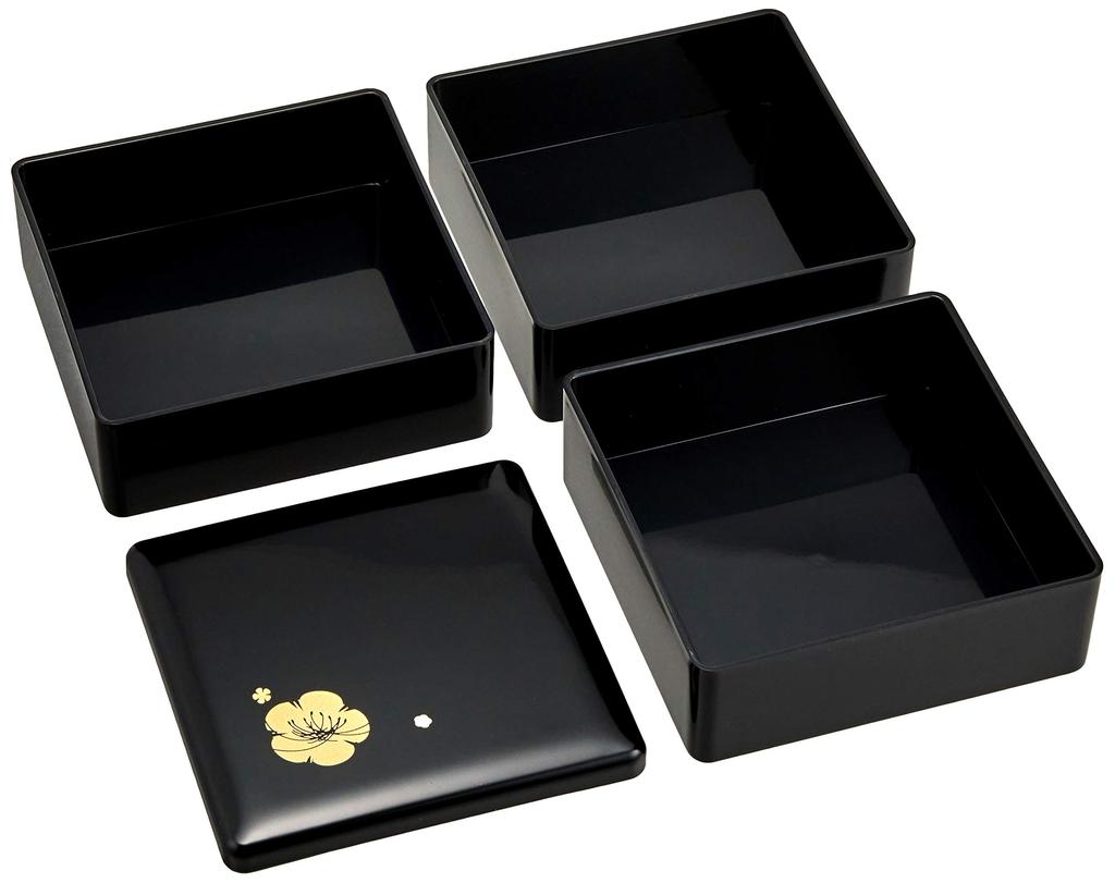 Wakaizumi Lacquerware Plum Blossom Design 3-Tiered Box, 4-inch, Black, (Black Interior), H-155-75-A